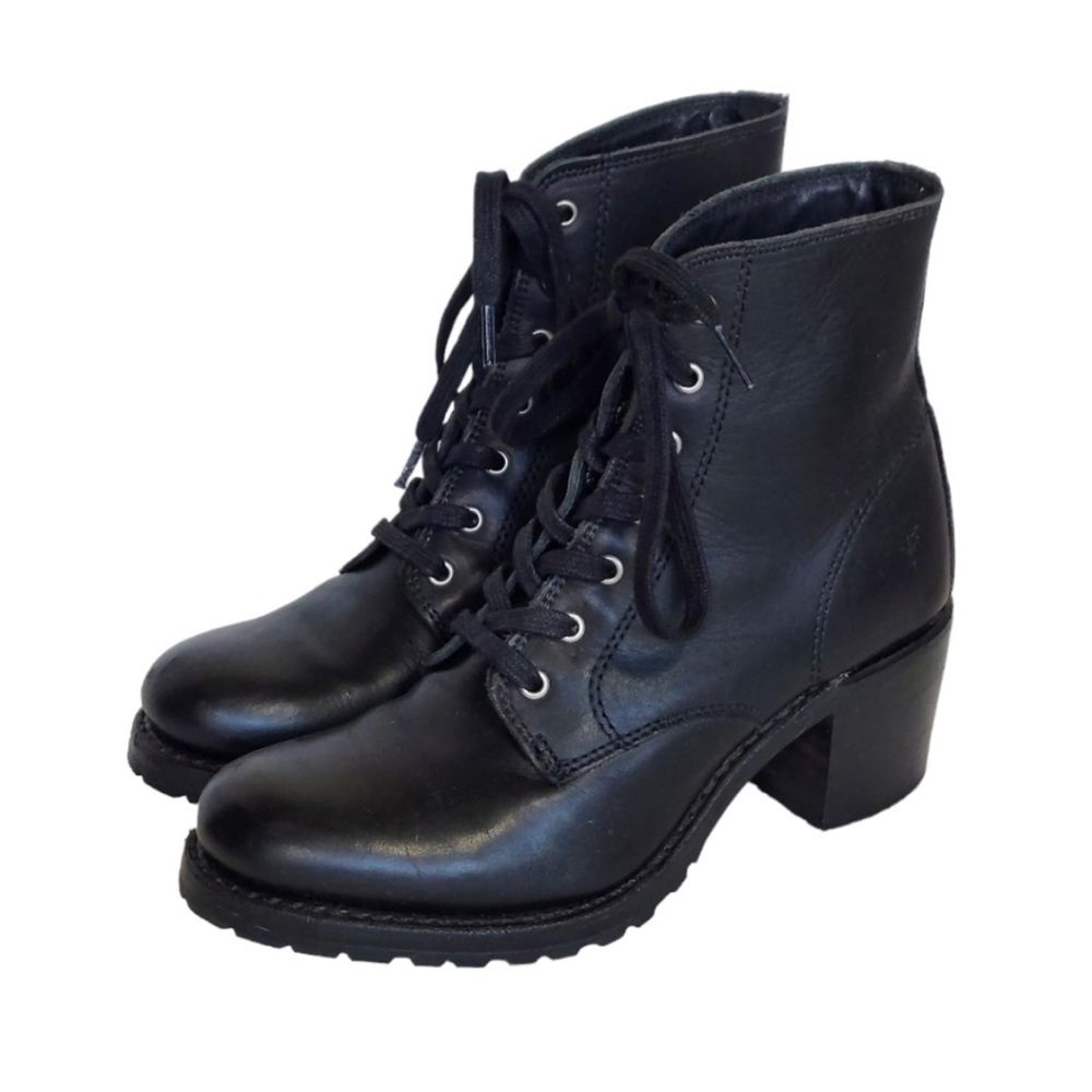 Frye Sabrina Black Leather Lace Up Heeled Boots